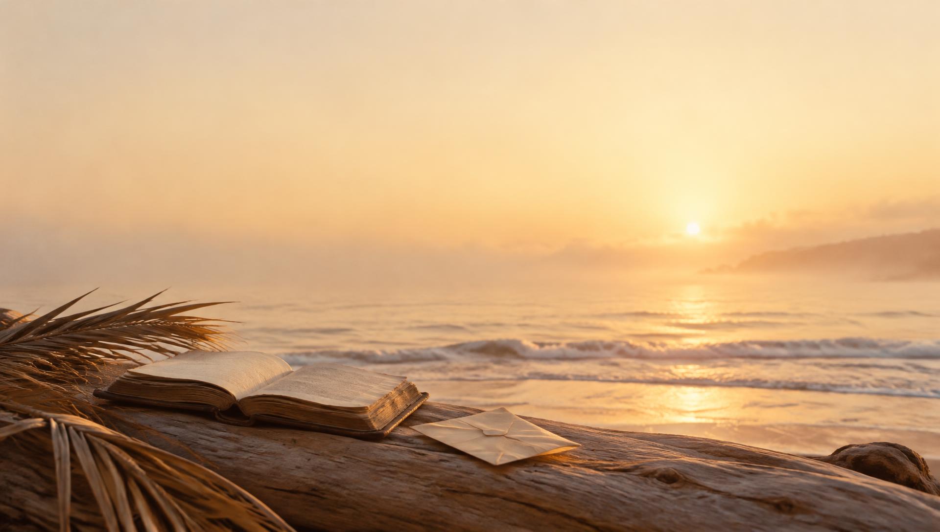 An open book resting on driftwood beside a calm sea at sunrise