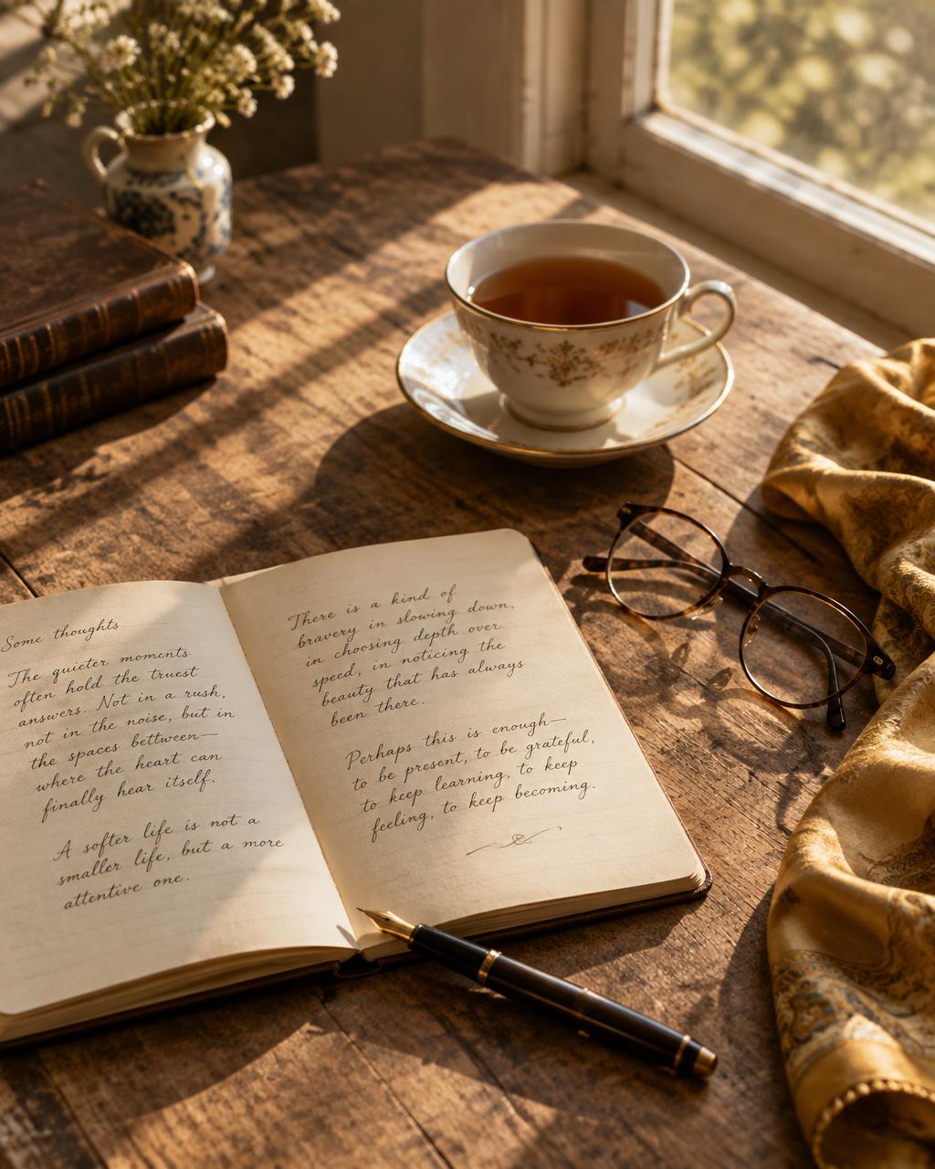 An open journal with handwriting, a pen, reading glasses and a cup of tea on a sunlit wooden table